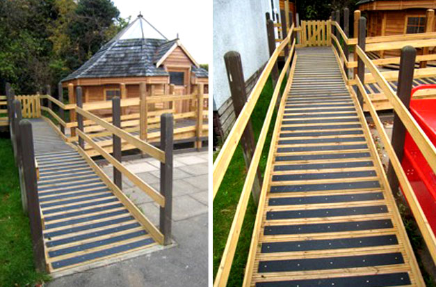 non-slip strips retrofitted to wooden ramp for improved safety